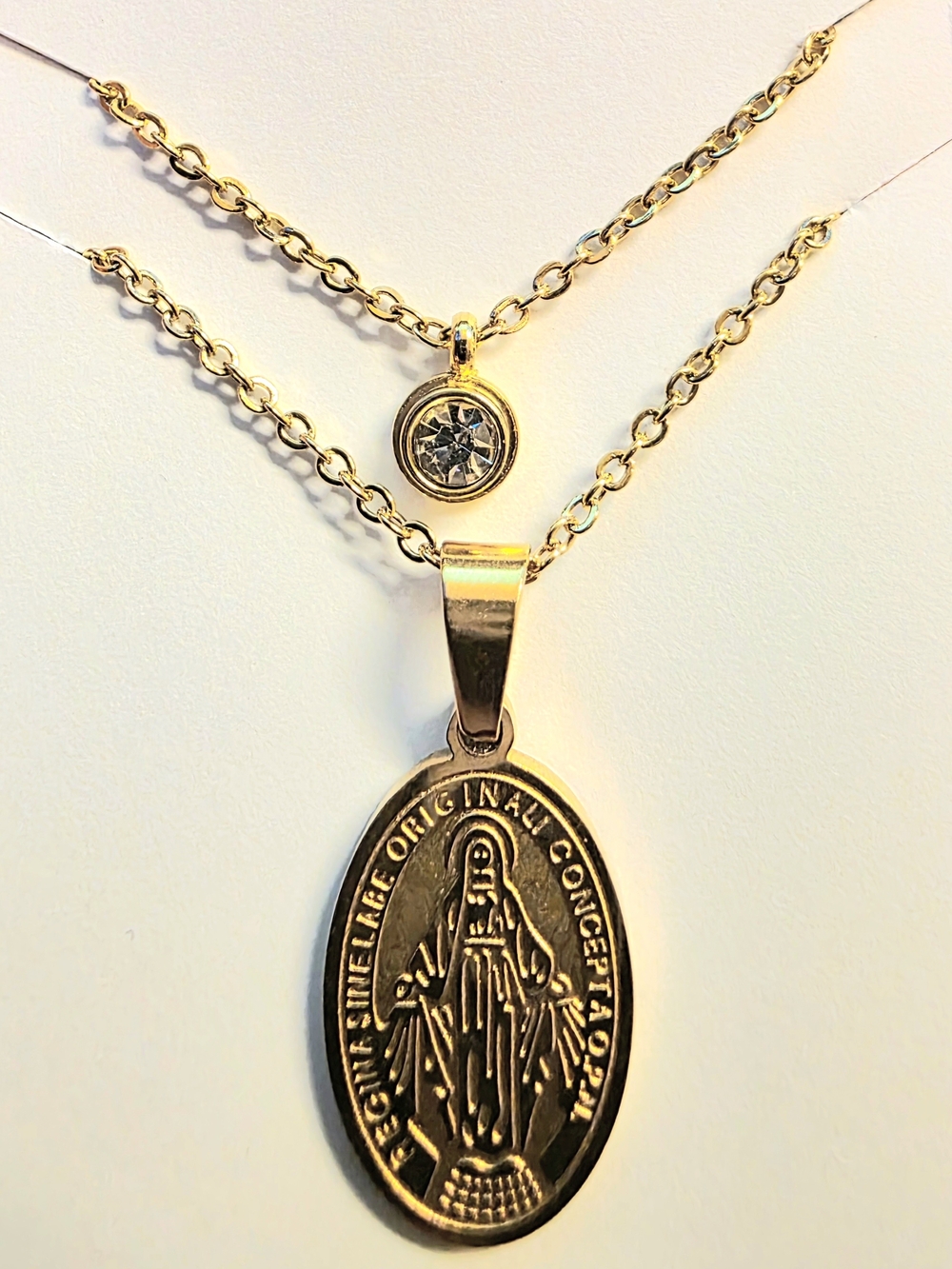 Gold-Tone Miraculous Medal Layered Necklace with Crystal Accent